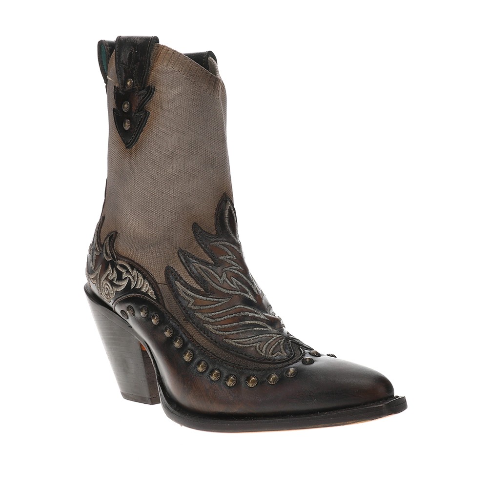Corral Boots Bone Brown Overlay Embroidered Studded Snip Toe Pull On Cowboy Boot