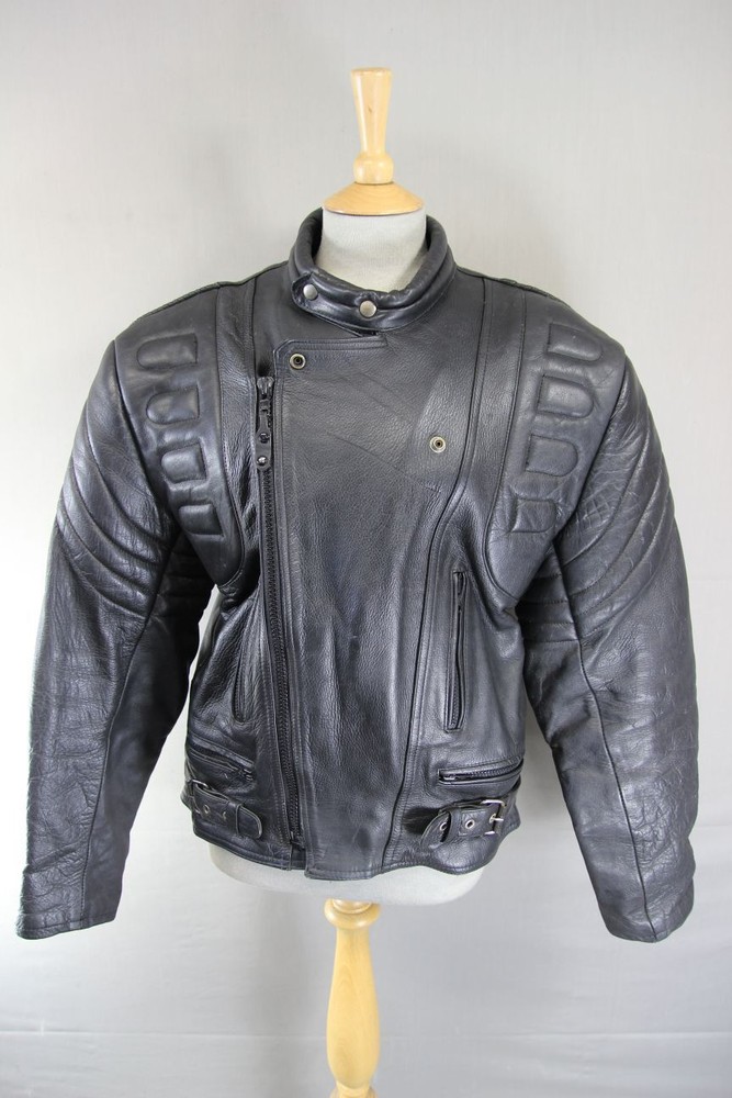 ROCHELLE DESIGN CLASSIC BLACK LEATHER BIKER JACKET WITH FOLD DOWN COLLARS 38-40"
