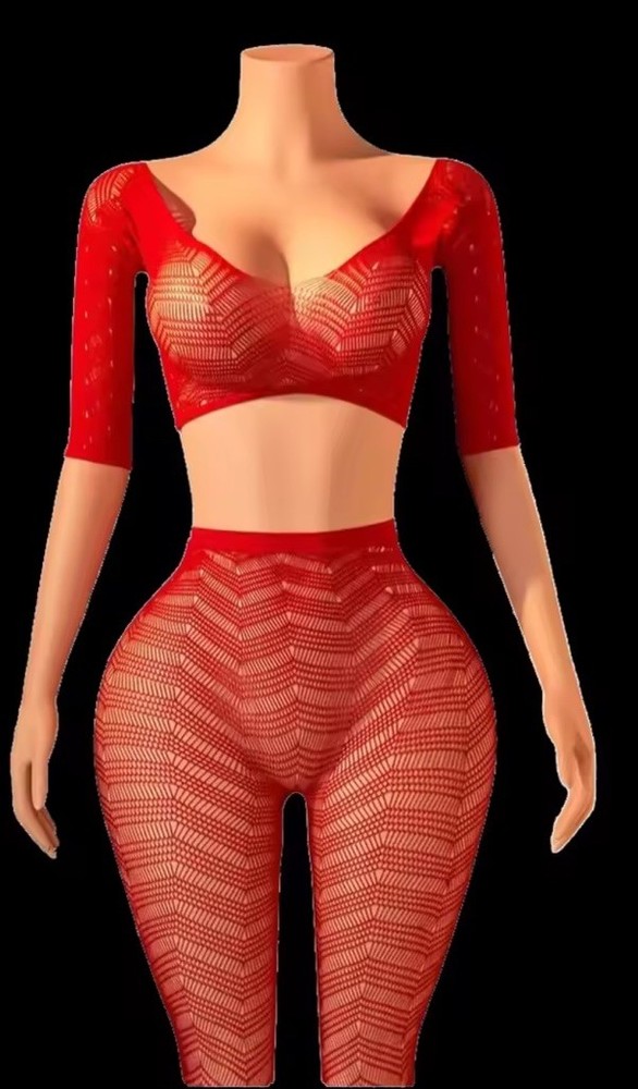 Red Fishnet Crop Top And Pants Set
