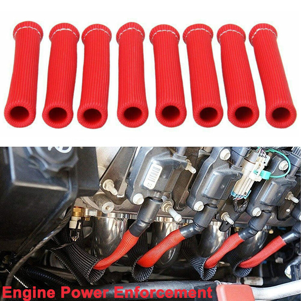 8Pcs Spark Plug Wire Boots Heat Shield Protector Sleeve 2500 Degree 6 Inch Red
