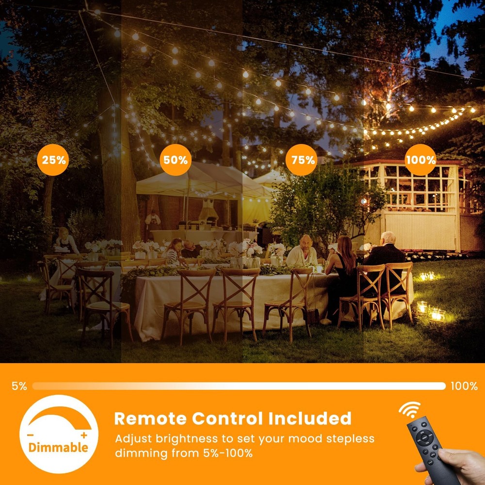 Solar String Lights 100FT Outdoor Edison Bulbs Remote Dimmable