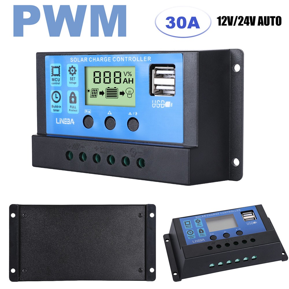 30A PWM Solar Panel Charge Controller 12V/24V Battery PV Regulator 2 USB Auto