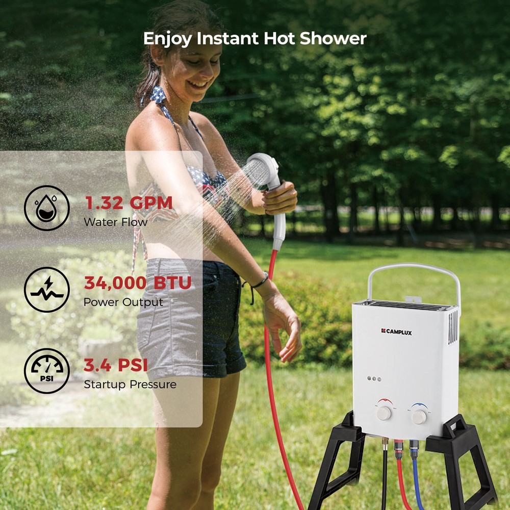 CAMPLUX Portable Gas Water Heater w/ Stand & Carry Bag Instant Hot Camp Shower