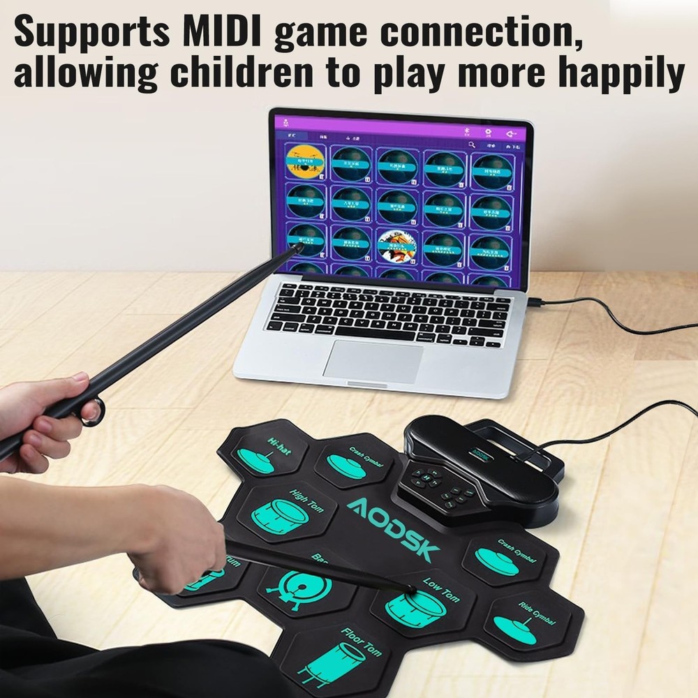 AODSK Electronic Drum Set,9 Practice Pad with Headphone Jack,Roll-up Machine ...