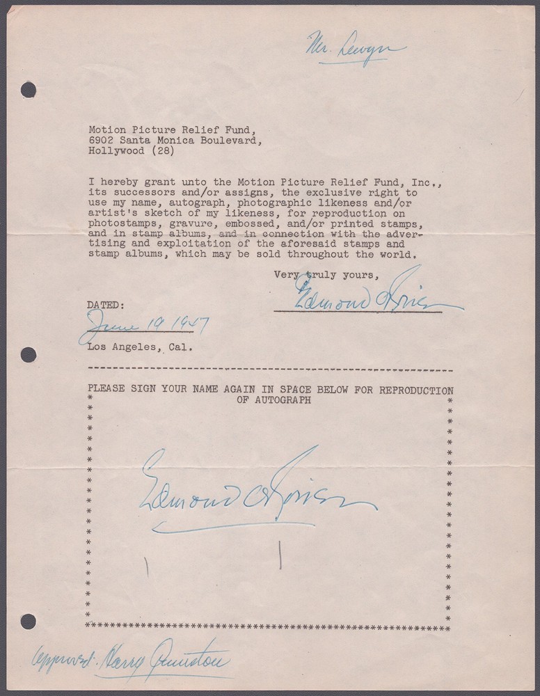 EDMOND O''BRIEN - DOCUMENT DOUBLE SIGNED 06/19/1947