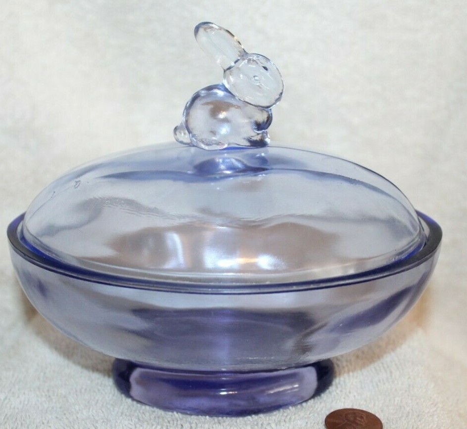 Purple Bunny Rabbit Covered Candy Dish Glass Easter DD