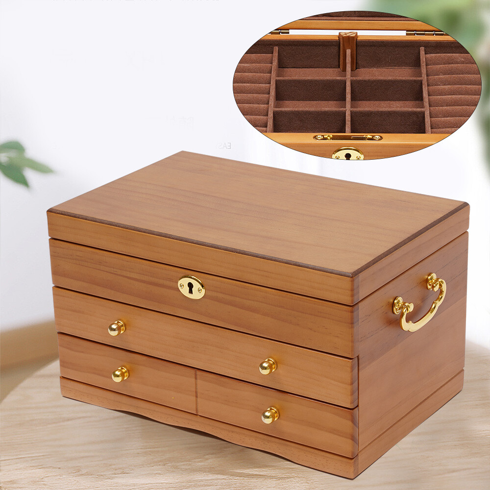 Vintag Pine Wood Jewelry Box with Lock/Soft Flocking Lining Non-Scratch Storage