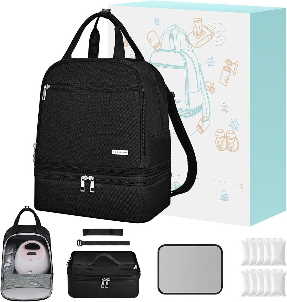 Breast Pump Bag with Insulated Cooler, Double-Layer Pumping Bag for Work & Tr...