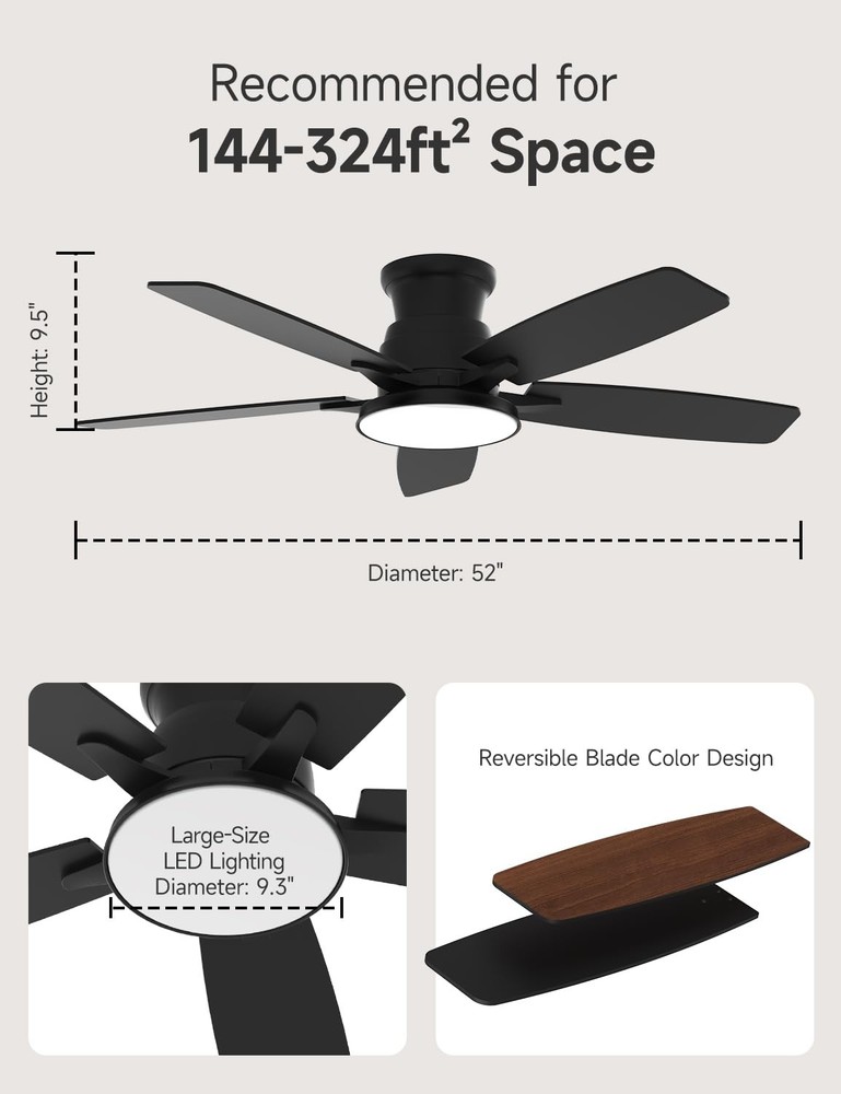Flush Mount Ceiling Fan with Light, 52 Inch, Remote Control, 3CCT Dimmable LE...