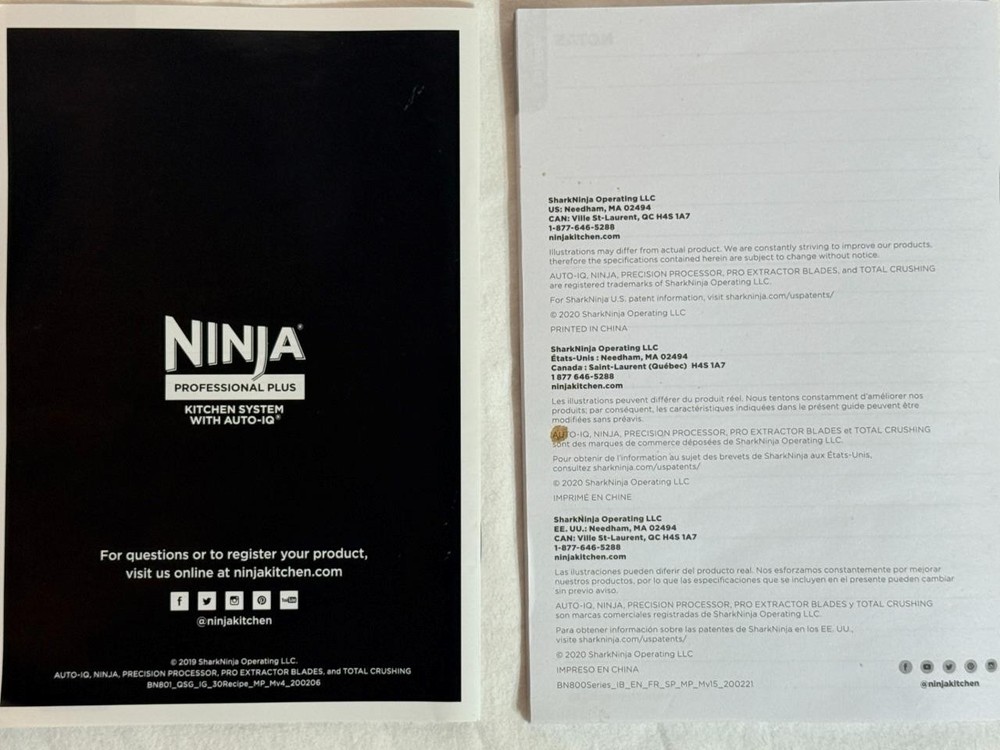 NINJA BN800 Owner's Guide Quick Start Professional Plus Kitchen System Auto IQ