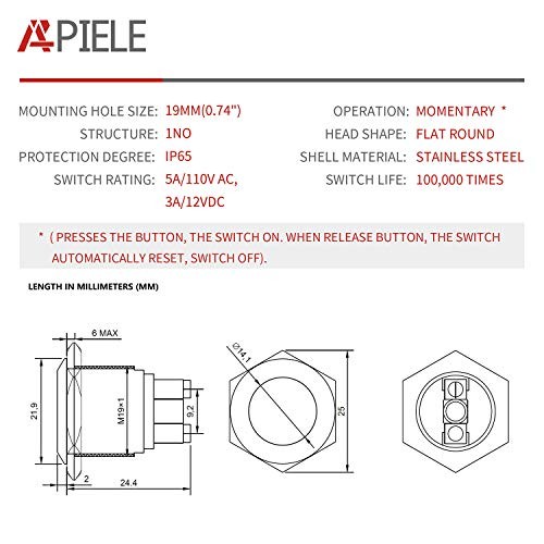 Push Button Switch 19mm Momentary Waterproof Stainless Momentary Flat Round