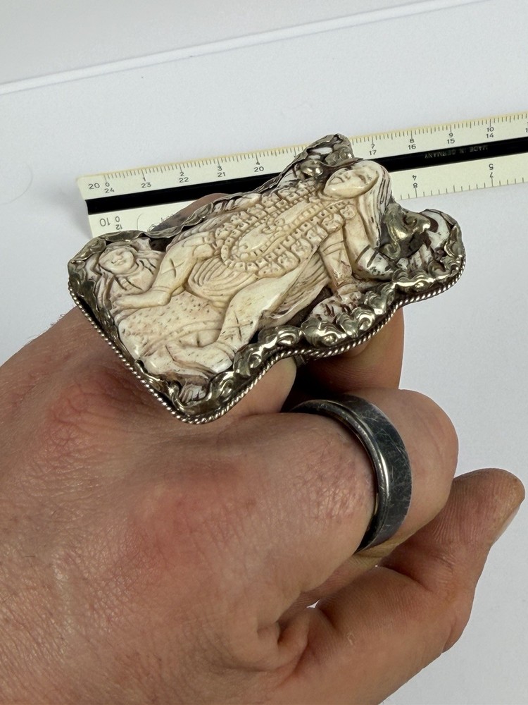 Handmade Nepalese Kali Goddess Bone & Silver Ring – Adjustable, 34.67g