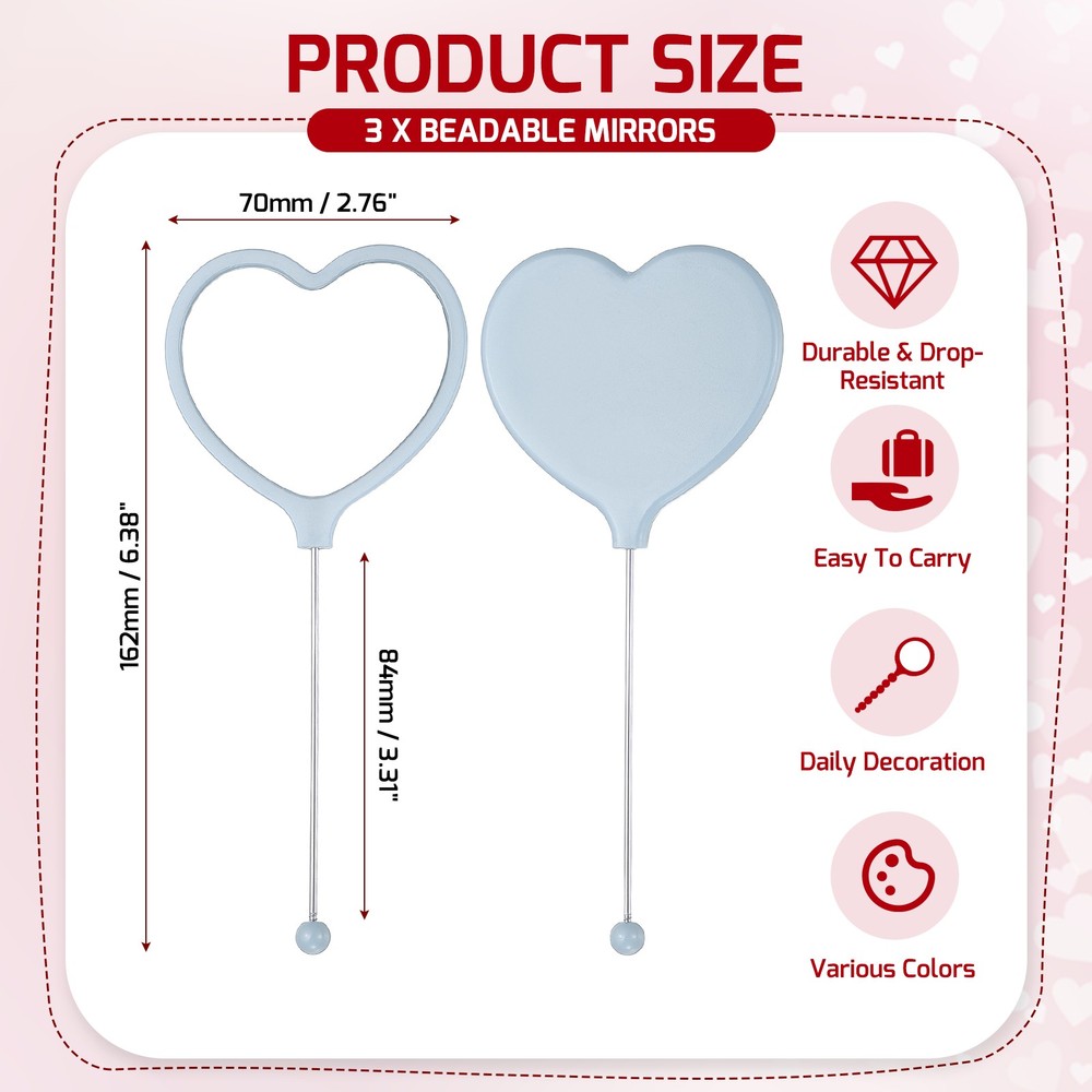 3 Pcs Beadable Mirrors with Handle 6.4" Heart Shape Bead Mirror Bars Light Blue