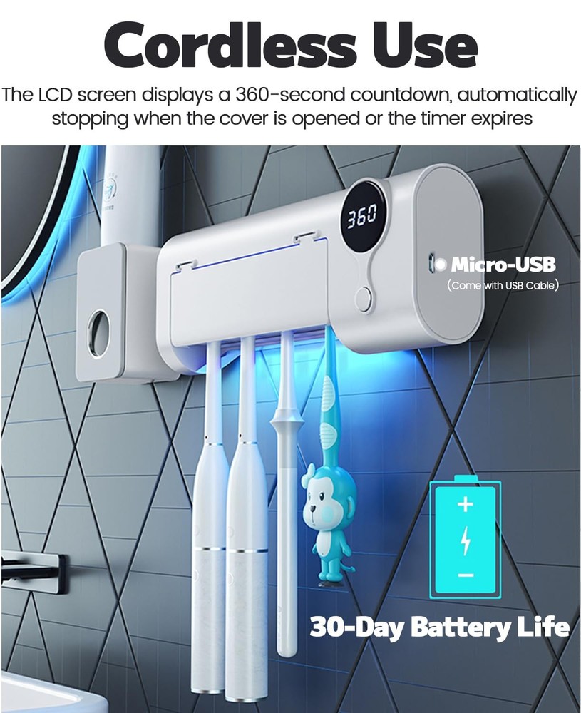 Toothbrush Holder, 4 Toothbrush Slots & Timer Function, Cordless Wall Mounted...