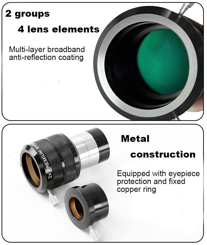 2x Apochromatic Barlow Lens 2" 4-Element Fully Multi-Coated w/ Adapter 1.25-inch