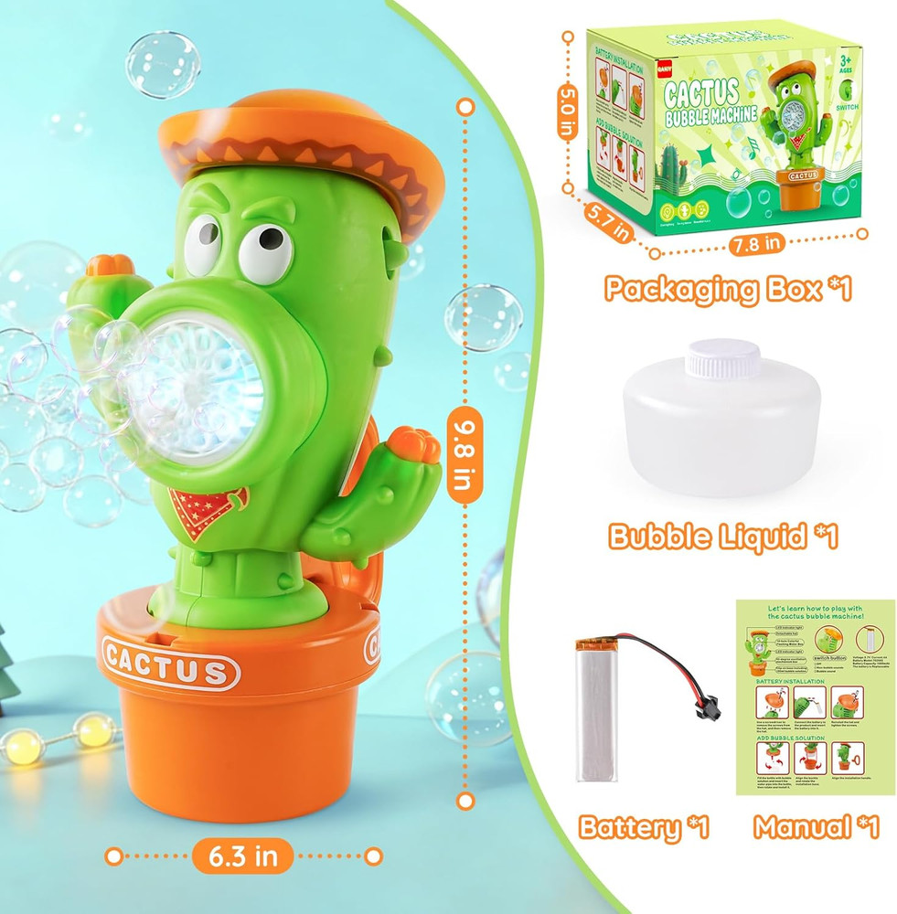 Cactus Bubble Machine, Automatic Bubble Blower with Music & Wiggle Action, Porta