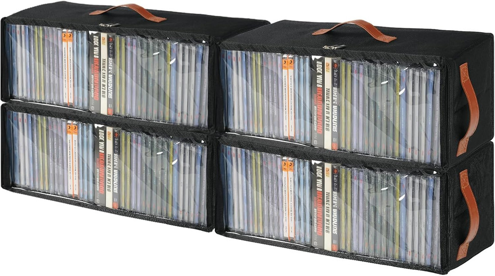 4 Pack CD Storage Box, Stackable CD Case Holder with Front Zippered Clear Window