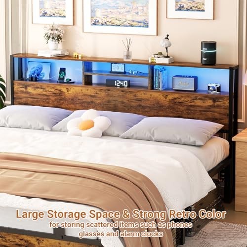 King Size Headboard with Storage, USB Ports, LED Light, Height Adjustable, Rusti
