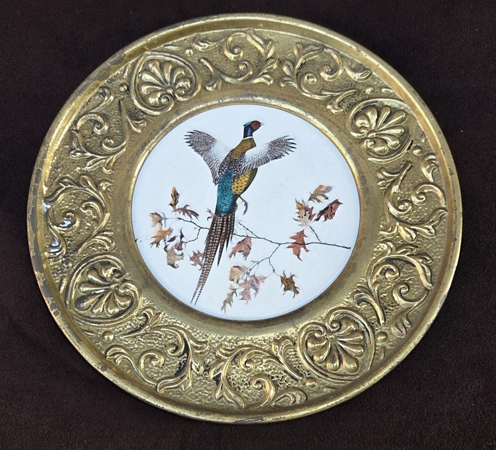 Brass Wall Plate with Pheasant – England – Embossed Frame – Ceramic Insert