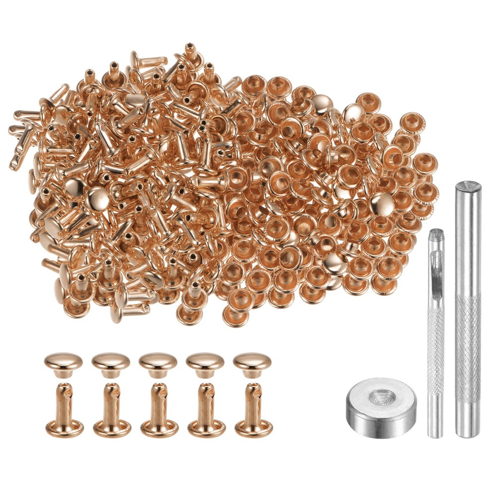 200 Sets Leather Rivets 6mm x 8mm with 3 Setter Tools Light Gold Tone
