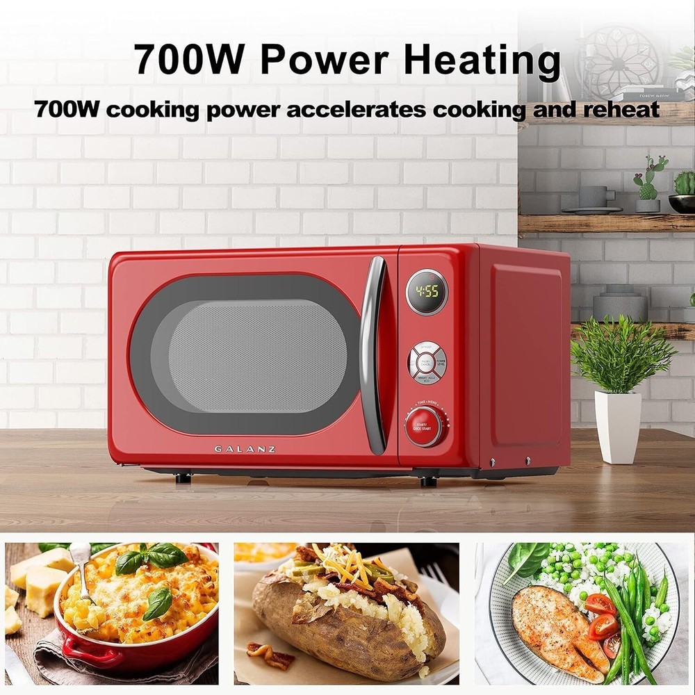 Microwave Oven LED Lighting Pull Handle Design Child Lock Retro Red 0.7 Cu.Ft
