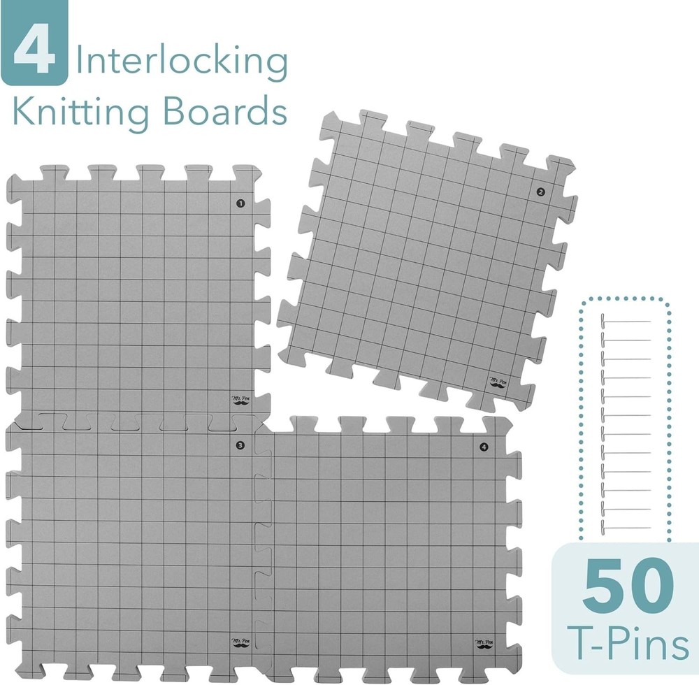 Interlocking Knitting Blocking Mats with Grid Lines and 50 T-Pins for Projects