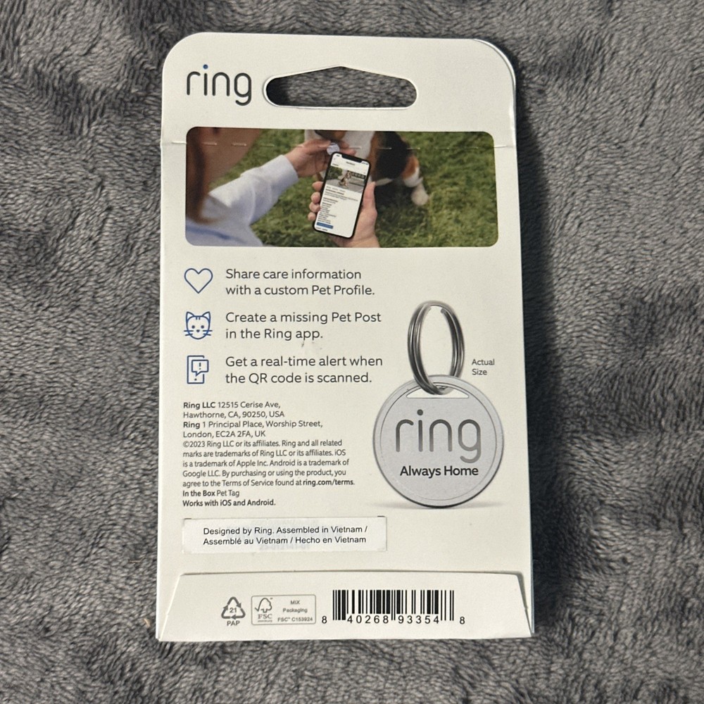 Ring Pet Tag - QR Code Keychain Security Tracker, Brand New