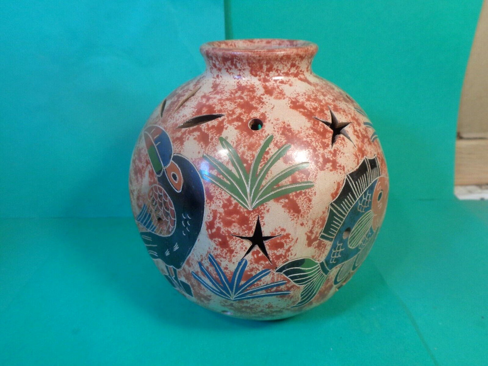 Pottery Tropical Pattern Tea Light/Candle Globe, Brazil (Used/EUC)