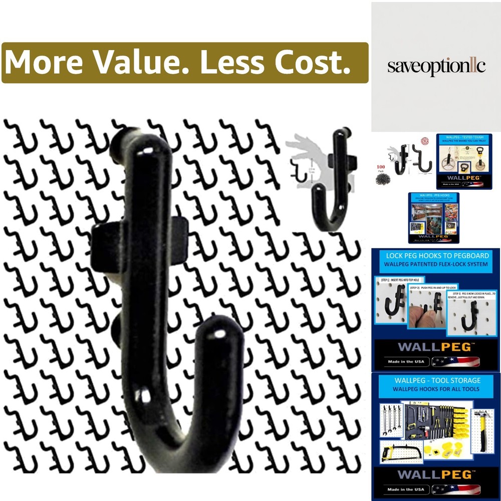 100Pcs Pegboard Accessory Peg Hook Set – Durable, Self-Locking Black 1/4" J-S...
