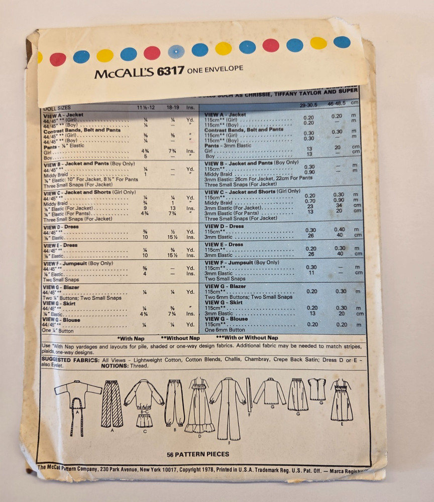 Vintage 1978 McCall's DOLL Clothes Sewing Pattern UNCUT