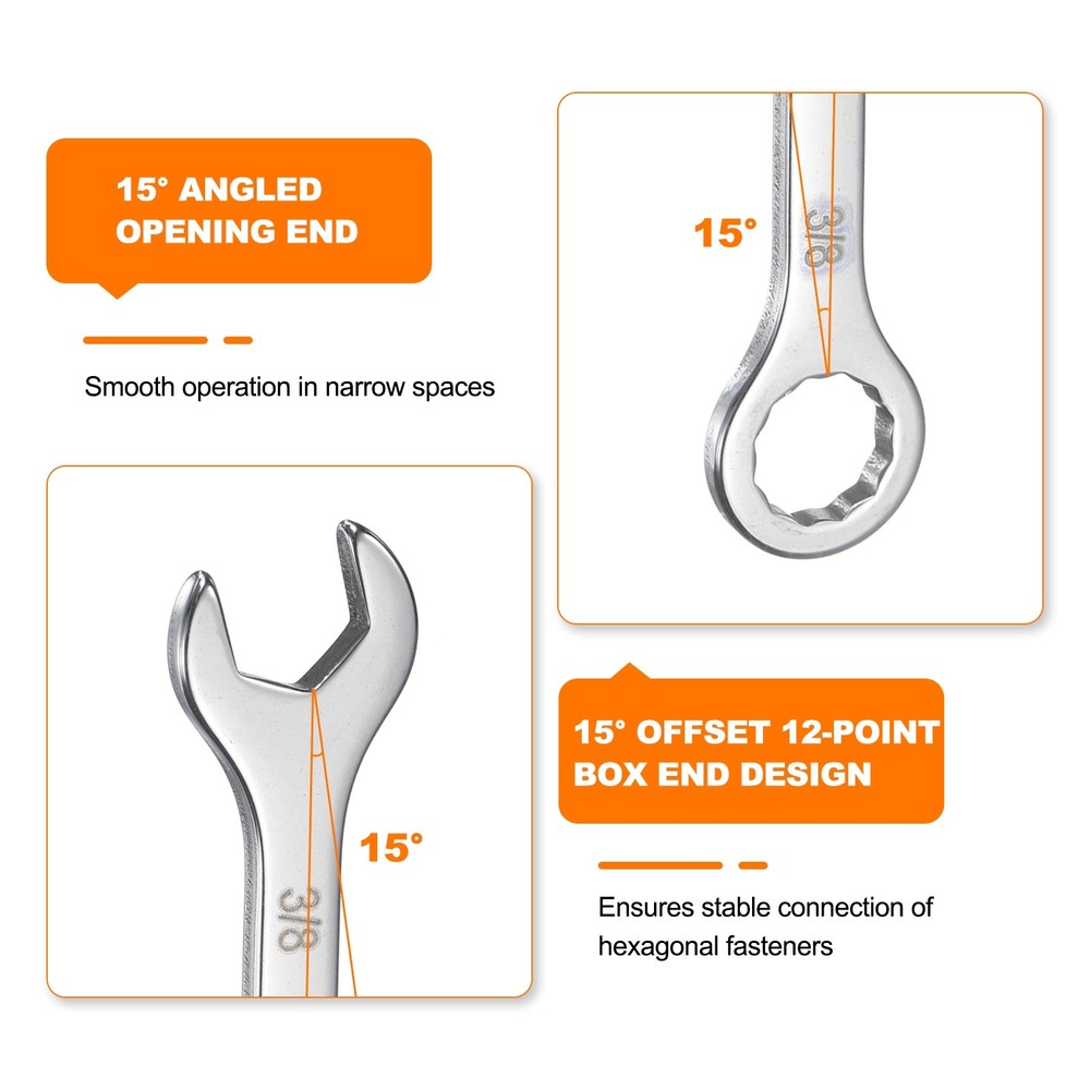 Thin Combination Wrench 3/8" with 12-Point Ended 15°Angled Open End