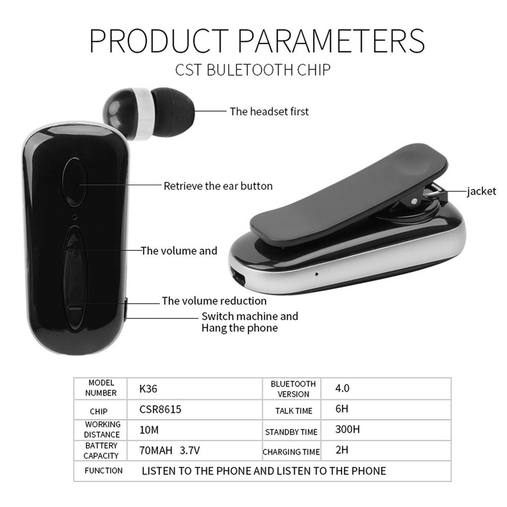 Wireless Bluetooth Earpiece Hands-free Call Headset with Mic for Driver Driving