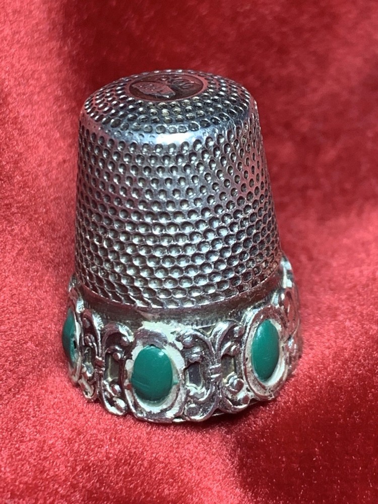 Antique 800 Silver Thimble w/ Green Cabochons