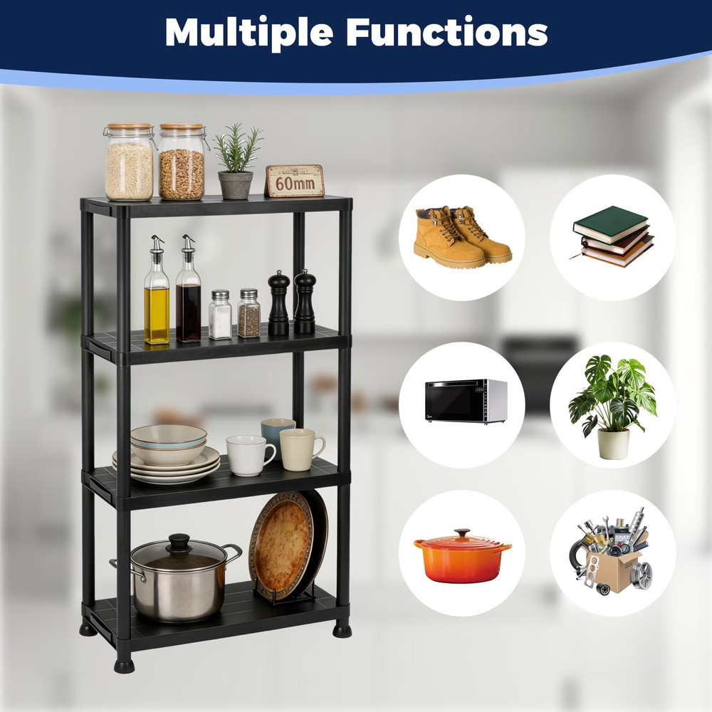 4-Shelf Plastic Storage Rack Multi-Purpose Organizer Easy Assembly for Home