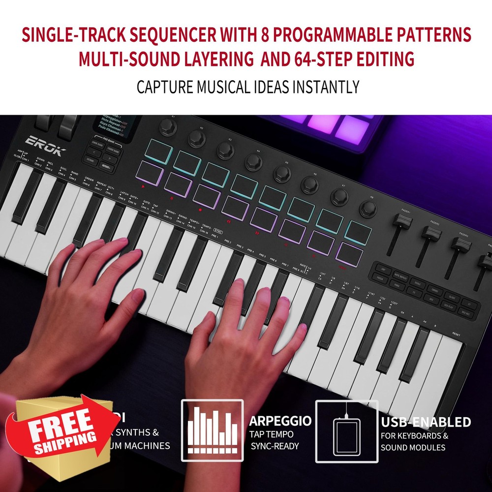 EROK 37 Key MIDI Keyboard Controller 16 Drum Pads 8 Knobs