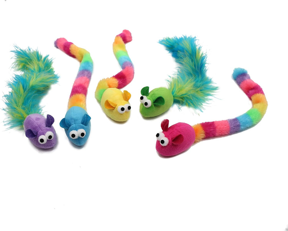 5 Pack Interactive Catnip and Feather Cat Toys, Multi-Colored Mice with Long Fea