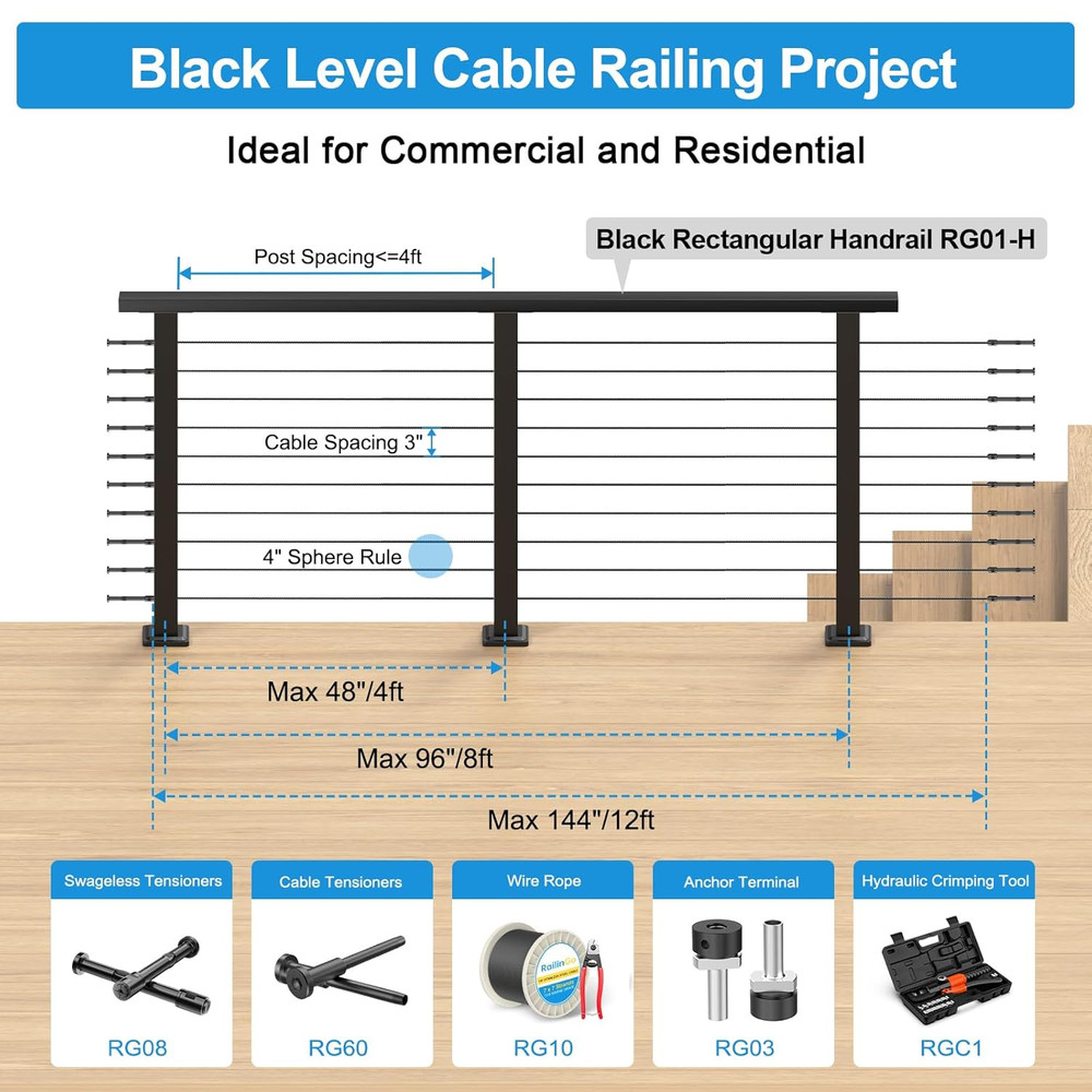 36" Black Surface Mount Cable Railing Post Kit for Decks - Stainless Steel