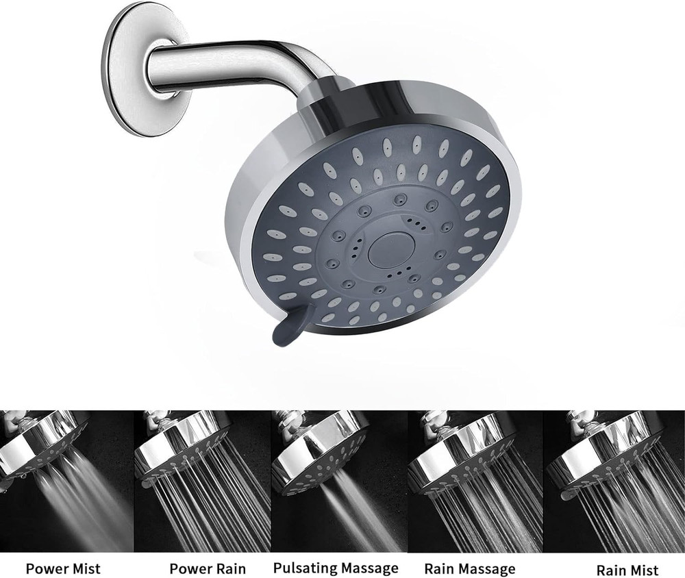Shower Head High Pressure Rain Fixed Showerhead 5-Setting with Adjustable Metal