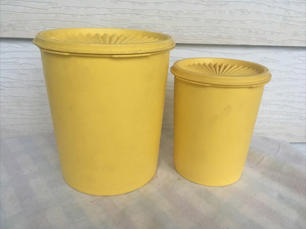 Vintage (2) Mustard TUPPERWARE Kitchen Storage Nesting Container Canister Set