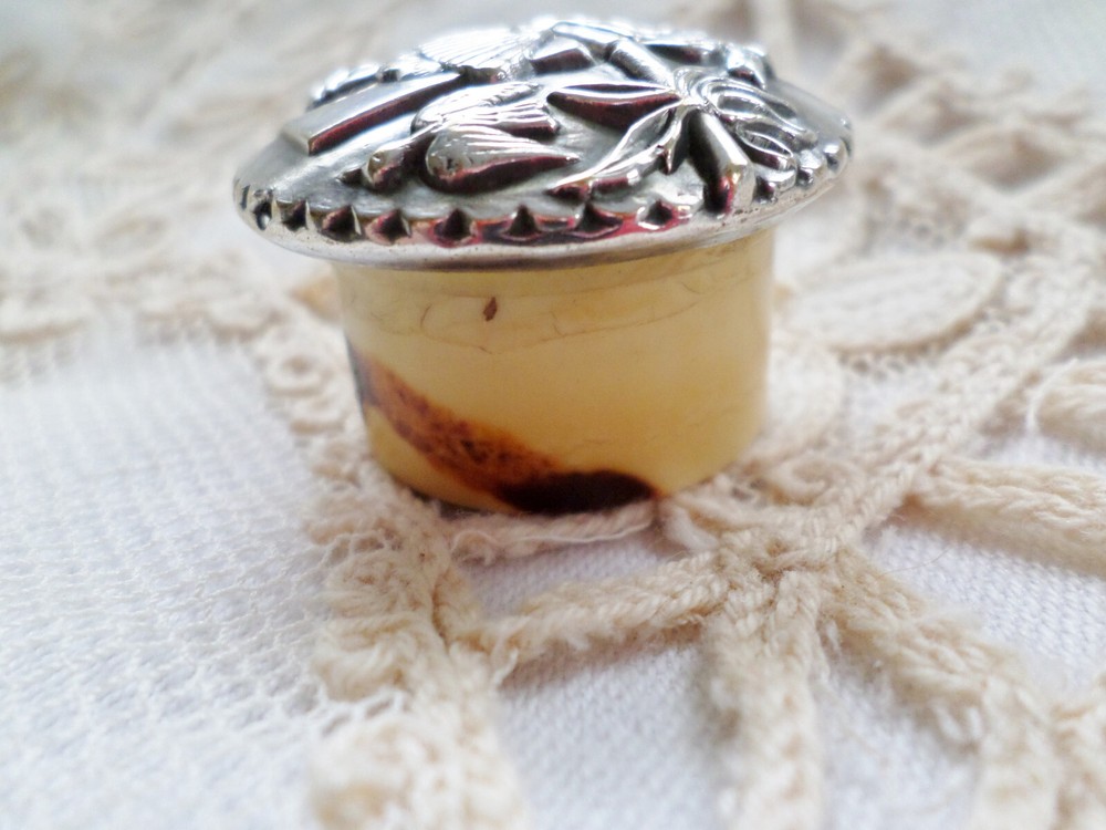 Antique Silver / Silverplate Top Chinese Scene Bone Pill Box