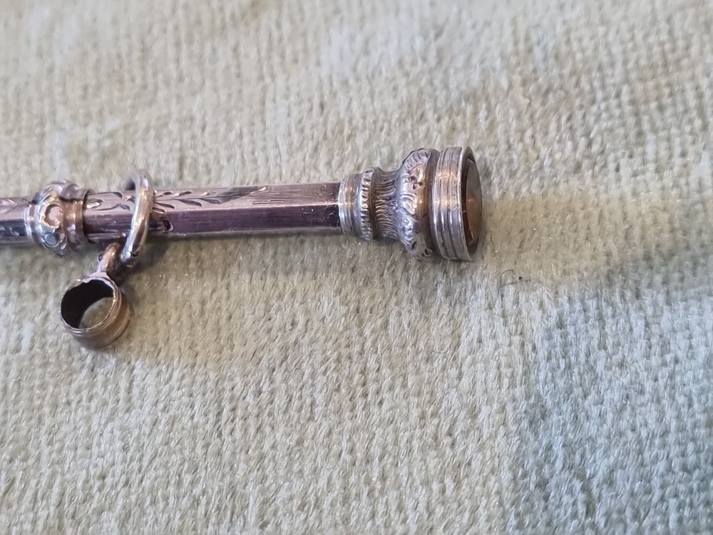 Antique Solid Silver Propelling Pencil With Orange stone , Fob , Chatelaine