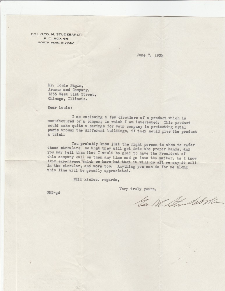 COL. GEORGE M. STUDEBAKER. SIGNED LETTER: 1935