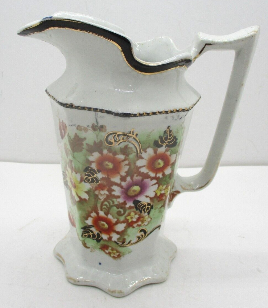 Vintage Octagonal Porcelain Floral Pitcher