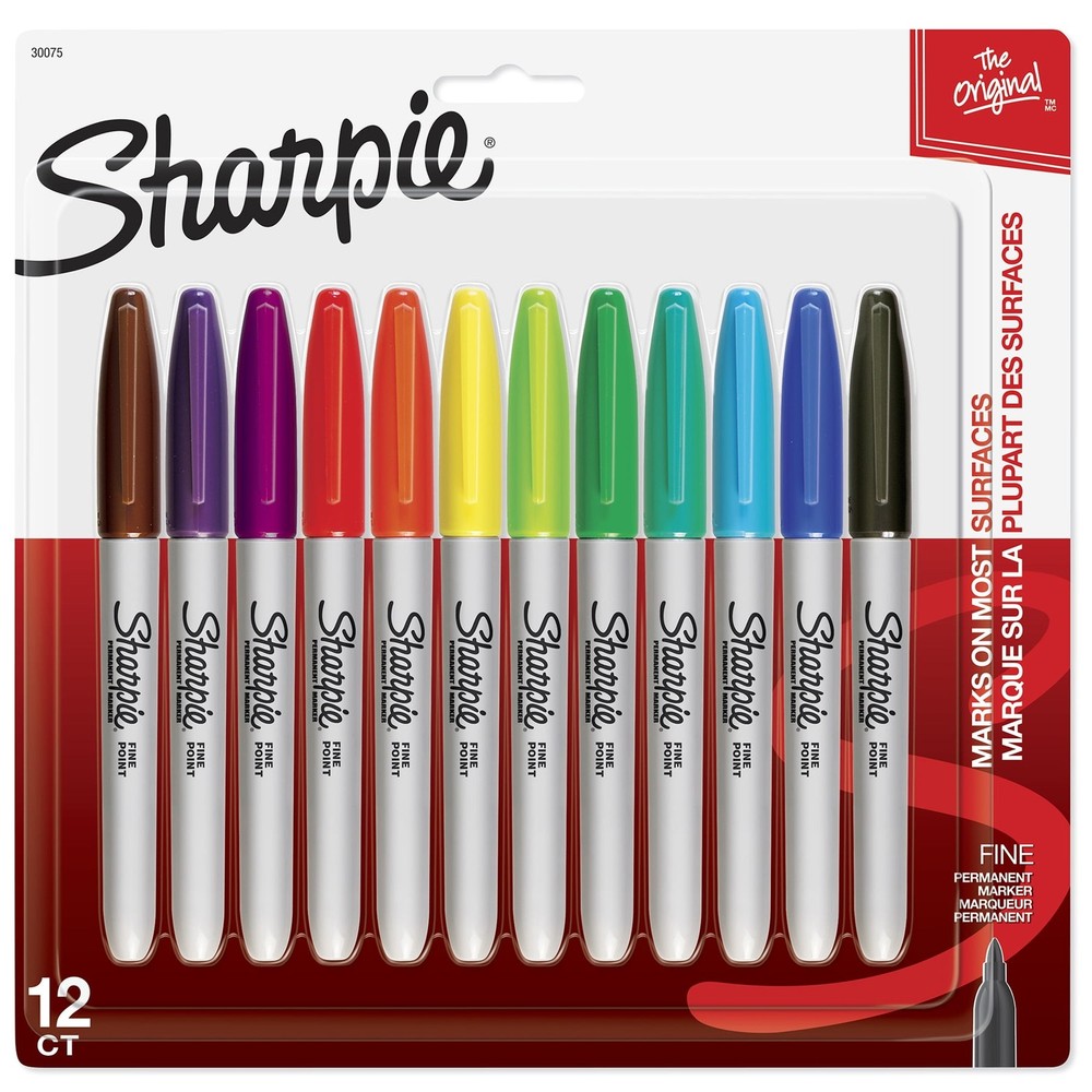 Sharpie Permanent Markers, Fine Point, Assorted Colors, 12 Count