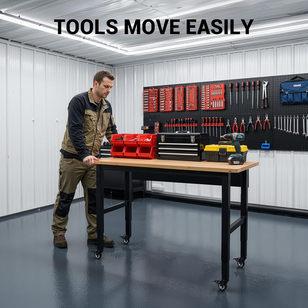 48" Adjustable Workbench with Wheels, Rolling Work Table for Garage, 2000 LBS Ca