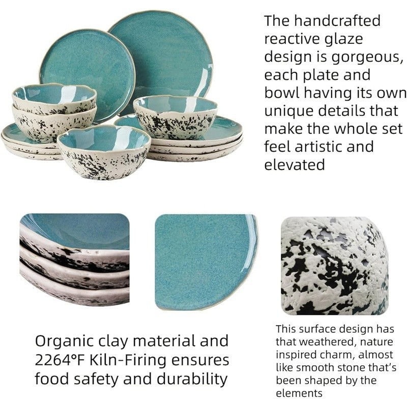Handcrafted 12-Piece Stoneware Dinnerware Set Service 4 Unique Durable Design US