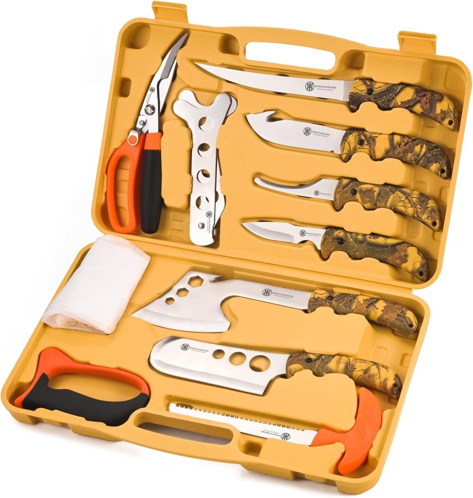 12-Piece Hunting Knife Set Field Dressing Game Processing Kit Yellow Handle