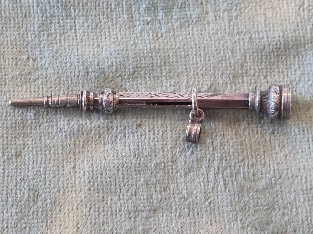 Antique Solid Silver Propelling Pencil With Orange stone , Fob , Chatelaine