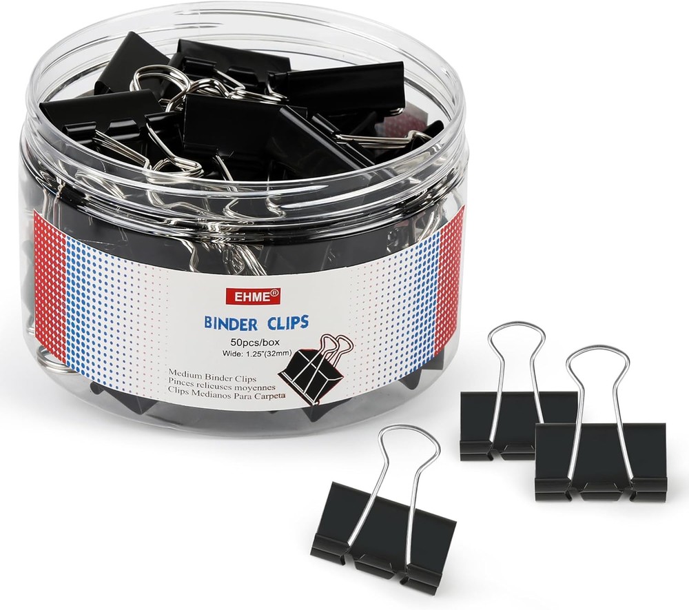 50Pcs Binder Clips Medium, Standard Medium Clips 1-1/4 Inch, Paper Clamps Clips