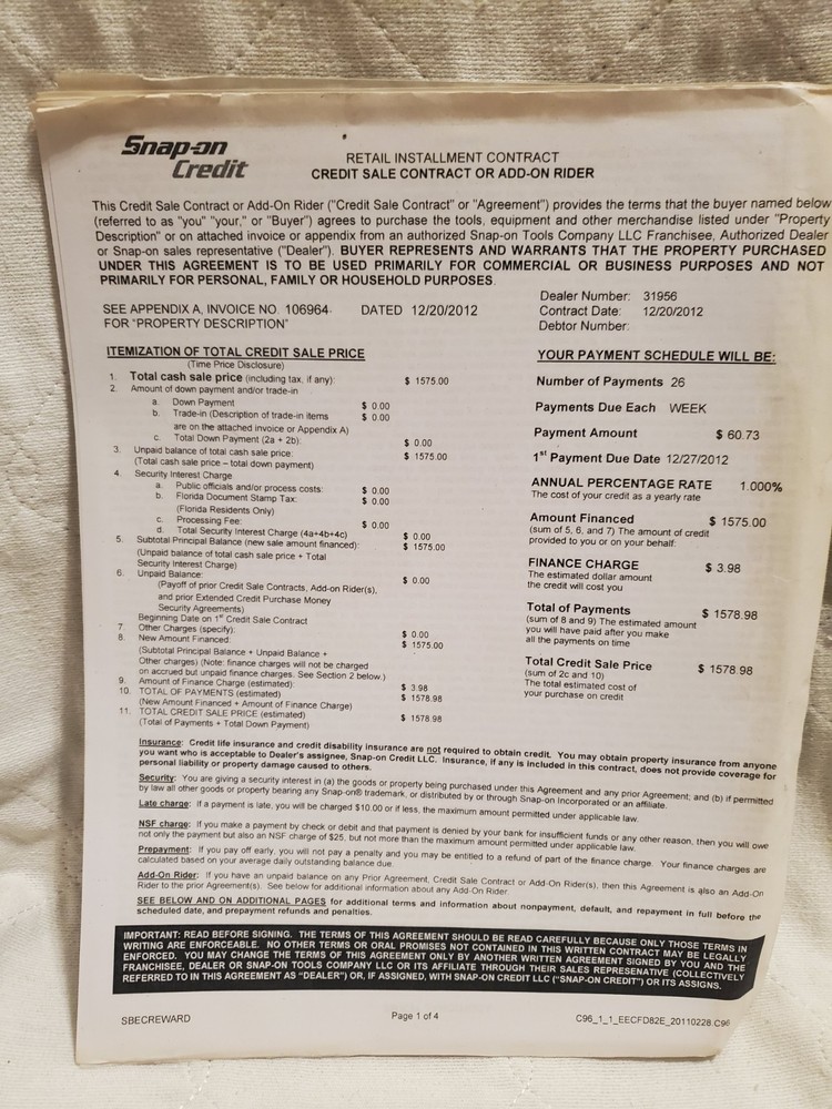 Original 2012 Snap-On Tools Catalog 1200 With Credit Application